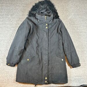 St John's Bay Parka Coat Faux Fur Hooded Winter Warm Outerwear Black Women Large